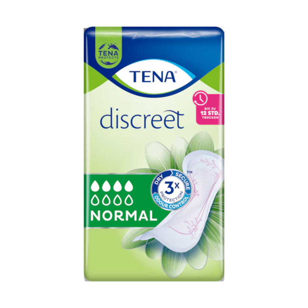 A pack of TENA Discreet Normal incontinence pads | Pack (24 pieces) is displayed, perfect for treating bladder weakness. The green-blue packaging prominently features the TENA brand logo - Essity Germany GmbH at the top, along with symbols for absorbency and comfort. A floral pattern at the bottom right emphasizes the use of microPROTEX technology.