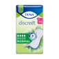 A pack of TENA Discreet Normal incontinence pads | Pack (24 pieces) is displayed, perfect for treating bladder weakness. The green-blue packaging prominently features the TENA brand logo - Essity Germany GmbH at the top, along with symbols for absorbency and comfort. A floral pattern at the bottom right emphasizes the use of microPROTEX technology.
