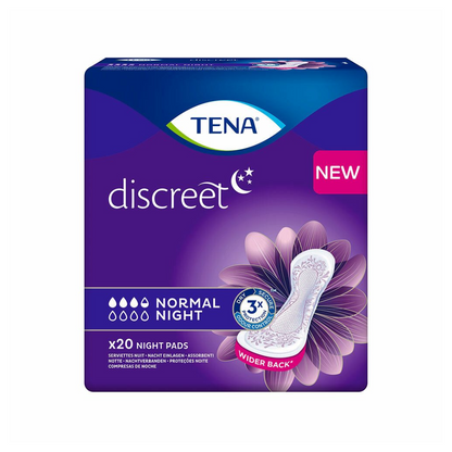 The image shows a pack of TENA Discreet Normal Night incontinence pads, ideal for protection against bladder weakness. The packaging has a purple design that emphasizes the absorbency of 'Normal Night' with '3x protection' and a wider back. It contains 20 pieces and prominently displays 'NEW' in the upper right corner under the TENA brand – Essity Germany GmbH.
