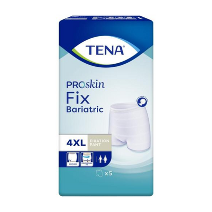 The image shows a pack of TENA Fix Bariatric Incontinence Fixation Pants by TENA – Essity Germany GmbH in size 4XL. The blue-white packaging shows a product image in seamless design and contains five pants.