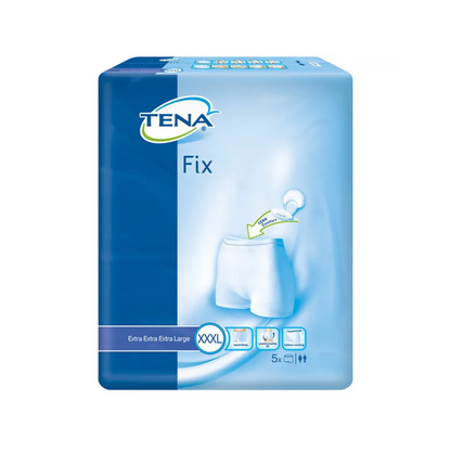 The image shows a pack of TENA Fix incontinence fixing pants from TENA – Essity Germany GmbH. The packaging is blue with white text, indicates the size XXXL, and contains five pieces. An illustration emphasizes the fit and ensures reliable leakage protection for more confidence.