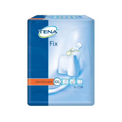 On the packaging of the TENA Fix incontinence fixing pants, size Extra Extra Large, the product is depicted – white fixing pants with leakage protection. The blue packaging highlights product details like size and quantity and shows five pieces.