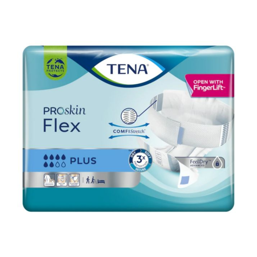 The packaging of the TENA Flex Plus incontinence briefs by TENA – Essity Germany GmbH is in blue-white. It contains symbols indicating the absorbency level and the text 'Open with FingerLift' is prominently placed at the top right above the waistband.