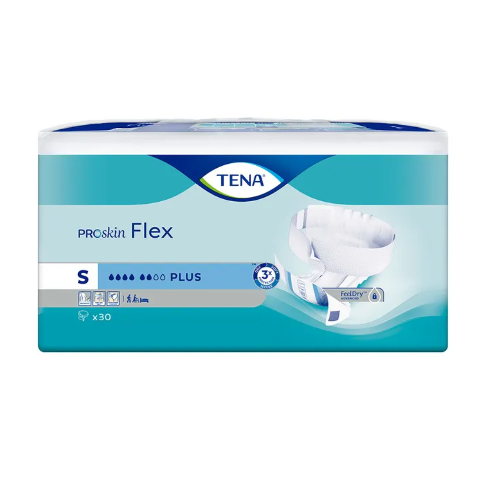 The packaging of the TENA Flex Plus incontinence briefs in size Small is presented in a blue-white design with a diaper image, highlighting the 'Plus' absorbency, the FeelDry technology, and the waistband for increased comfort. Each pack contains 30 units of incontinence pads from the brand TENA – Essity Germany GmbH.