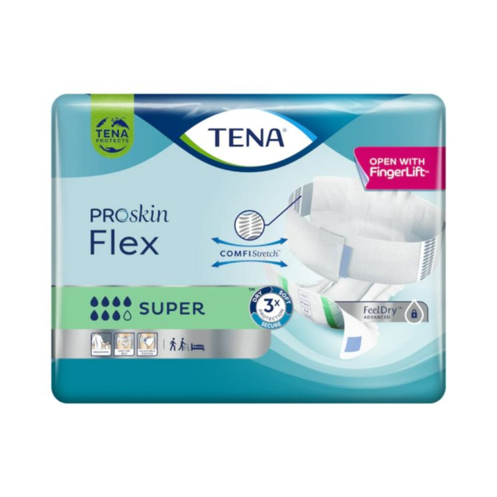A pack of TENA Flex Super incontinence pad with waistband from TENA - Essity Germany GmbH, with ComfiStretch and secure waistband. The packaging equipped with FeelDry technology displays symbols highlighting the product features and includes a diagram of the incontinence pad.