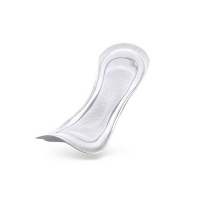 The TENA Lady Discreet Extra incontinence pad from Essity Germany GmbH is characterized by a curved shape and a textured surface on a simple white background. This product, equipped with InstaDRY technology, offers superior protection and comfort for anyone looking for reliable incontinence solutions. Available in a pack of 20 pieces.