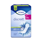 The image shows a pack of TENA Lady Discreet Extra incontinence pads with 20 pads. The packaging in shades of blue and purple with a floral pattern and pad illustration emphasizes features like triple protection and up to 12 hours of dryness thanks to the advanced InstaDRY technology.
