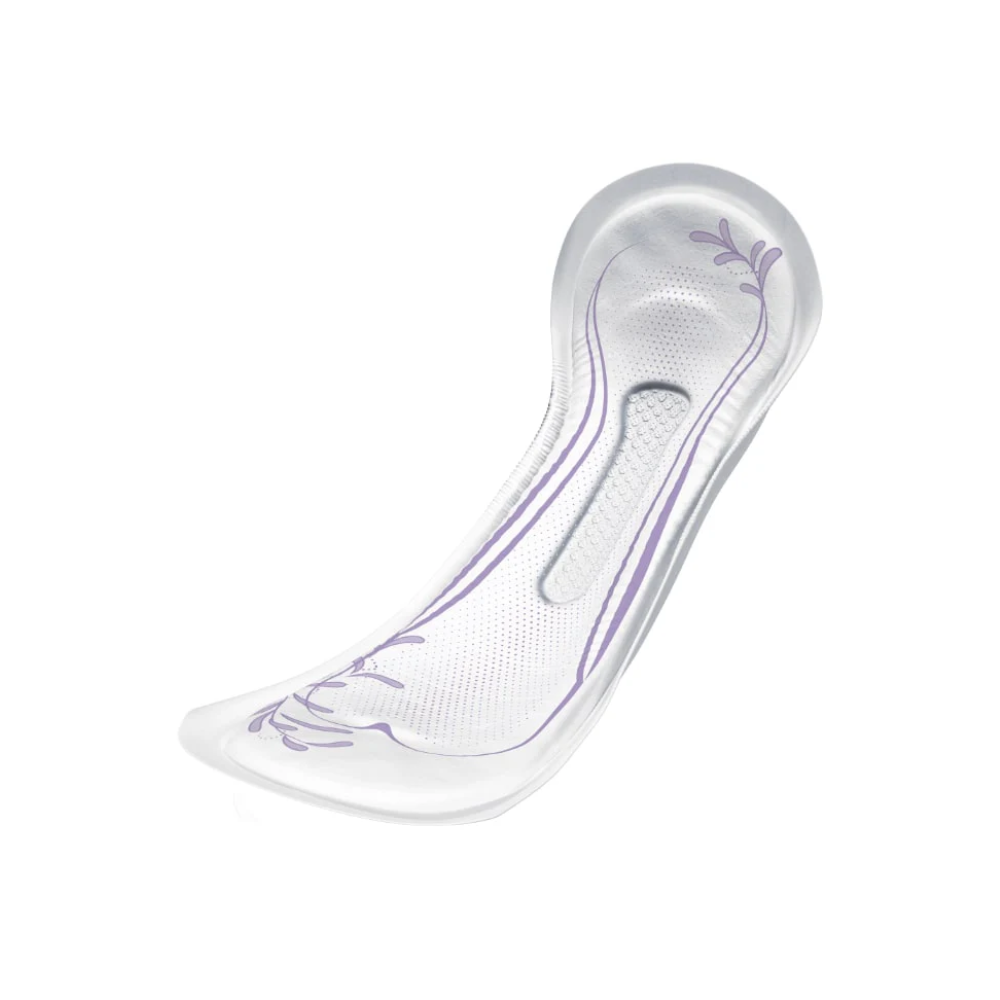 A transparent, contoured TENA Lady Discreet Maxi insole with purple decorative elements offers support and comfort. It was specially developed by Essity Germany GmbH for a comfortable fit in shoes and supports anyone looking for discreet solutions for issues like bladder weakness without having to sacrifice style.
