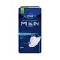Image of the packaging of the TENA Men Active Fit Level 1 incontinence pad. The dark blue packaging with the TENA logo at the top bears the note "Used by millions of men" and highlights its "discreet design" and "secure absorption zone." Pictured is a white protector with 24 pieces inside.