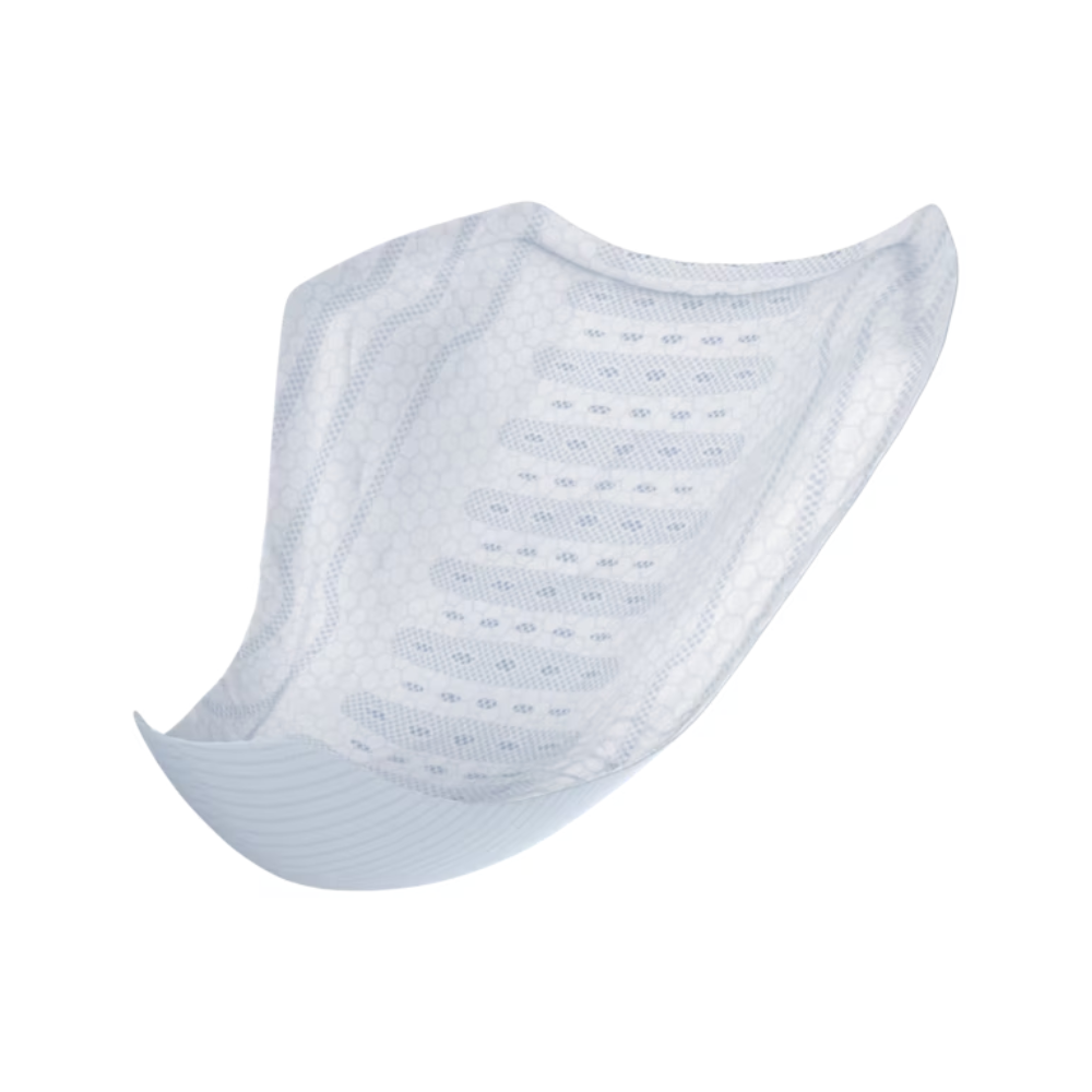 Close-up of a light blue TENA Men Active Fit Level 2 incontinence pad with a textured surface. The pad is depicted against a white background, highlighting its curved shape and absorbent pattern, which was specially developed by Essity Germany GmbH for effective combat against urine loss.