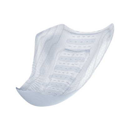 A detailed image shows the TENA Men Active Fit Level 3 incontinence pad against a simple white background, highlighting its white color, contoured design, and textured surface for improved comfort and absorbency. This product is ideal for treating urinary incontinence, is part of the TENA range from Essity Germany GmbH, and comes in a pack of 16 pieces.