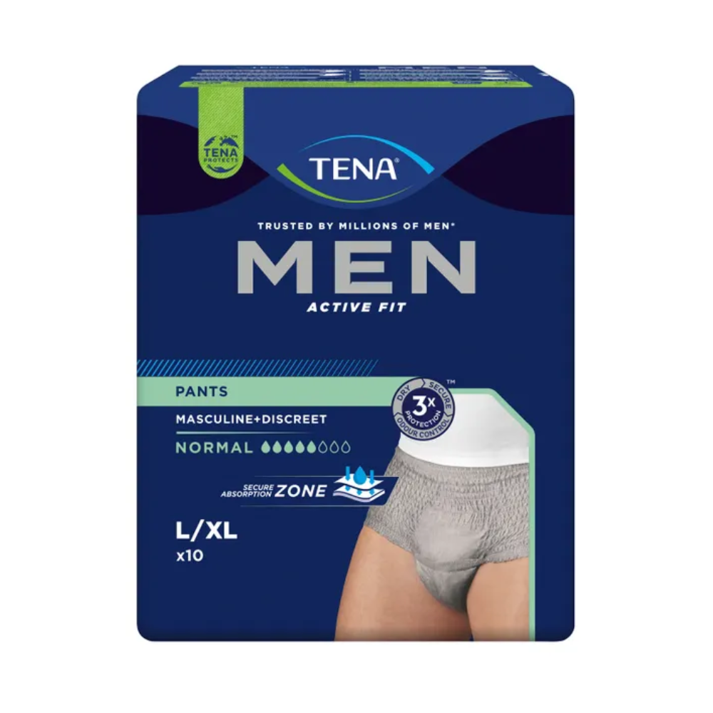The image shows a pack of TENA Men Active Fit Pants Normal incontinence pants in gray, from TENA – Essity Deutschland GmbH. The pack is size L/XL and contains 10 pieces. It emphasizes features such as a 'masculine + discreet' design and a 'secure absorbency zone', making it perfect for safely managing urinary loss.