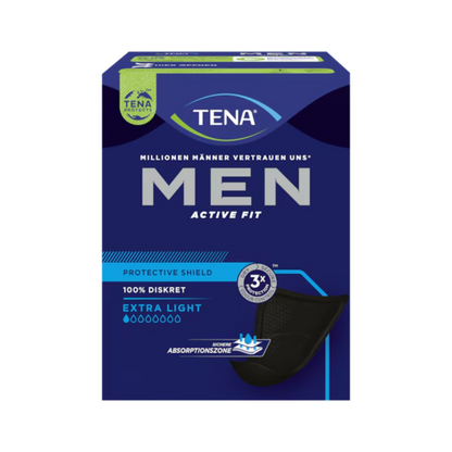 A blue box of TENA Men Active Protective Shield Extra Light Incontinence Pads (14 pieces) from TENA – Essity Germany GmbH with the inscriptions "100% discreet", "extra light" and "3x protection" in German as well as product branding and images.