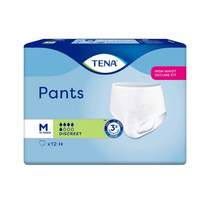 The image shows TENA Pants Discreet incontinence pants, medium size, suitable for waist sizes 75-100 cm. The packaging is designed in blue and white with a product image emphasizing “Discreet” and “High Waist Secure Fit”. It is an ideal disposable underwear solution for bladder weakness. Contains 12 pieces. Produced by TENA – Essity Deutschland GmbH.