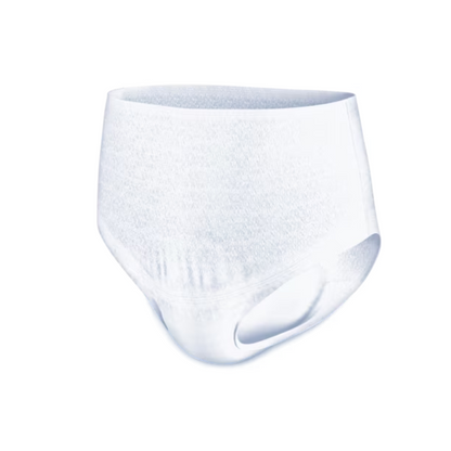 The image shows TENA Proskin Pants Super incontinence pants, a pair of white disposable underwear for adults from TENA – Essity Germany GmbH, against a simple white background. These pants are comfortable and practical and feature an elastic waistband and leg openings – perfect for those who have bladder weakness.