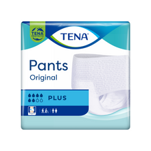 The packaging of the TENA Pants Original Plus incontinence pants shows an image of these protective incontinence pants, emphasizing their absorbency. The blue-white design from TENA – Essity Germany GmbH, suitable for both men and women, effectively combats bladder weakness with style and confidence.