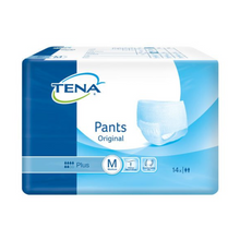 A pack of TENA Pants Original Plus incontinence pants offers absorbent incontinence pants for adults. The predominantly blue-white packaging indicates size M, includes 14 pieces, and provides reliable protection against bladder weakness. The front features an image of the product under the brand TENA – Essity Germany GmbH.
