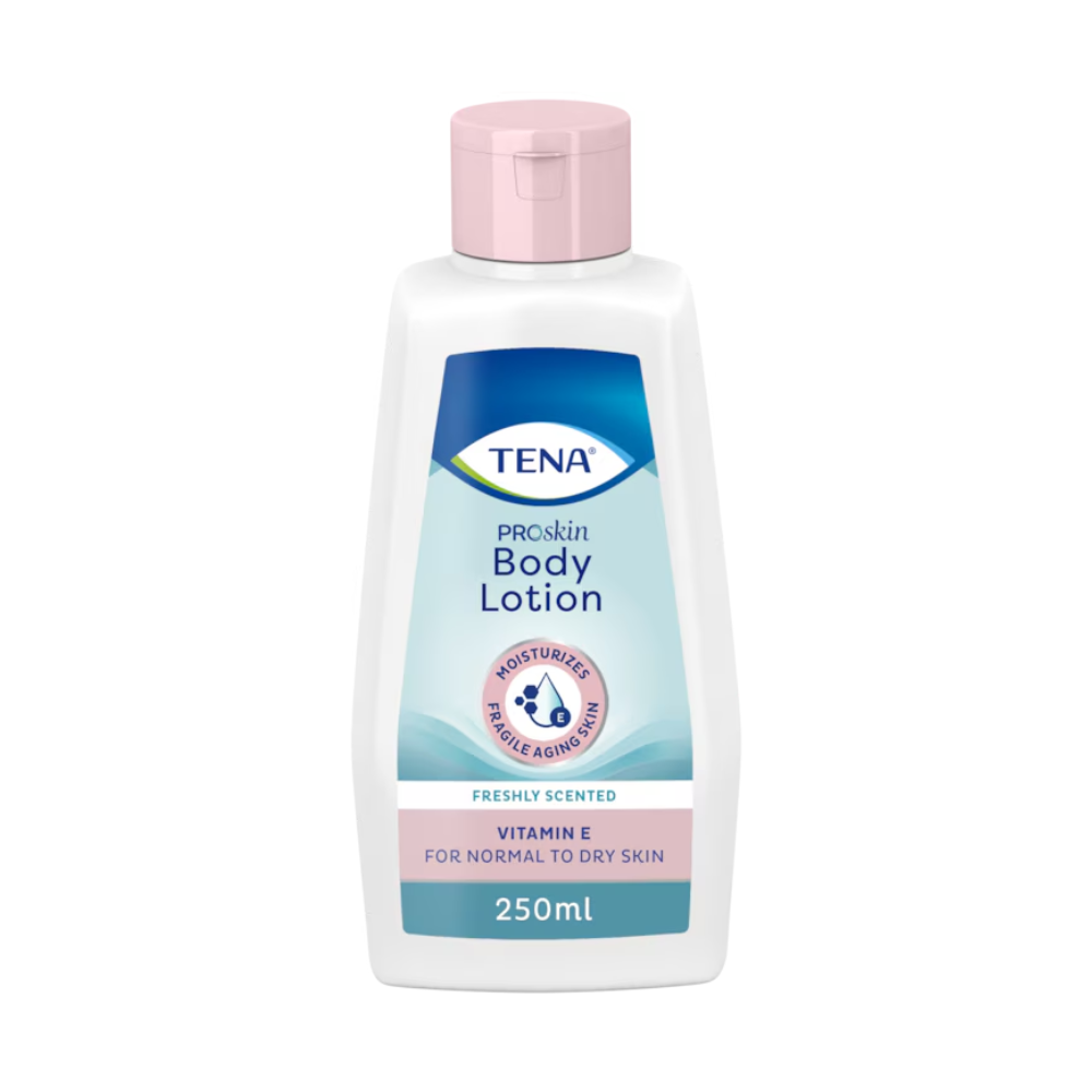 Image of a TENA ProSkin Body Lotion | Package (250 ml) bottle. The white bottle with a pink cap bears the inscription "freshly scented" and is enriched with Vitamin E, making it ideal for normal to dry skin. A water drop symbol is visible on the packaging.