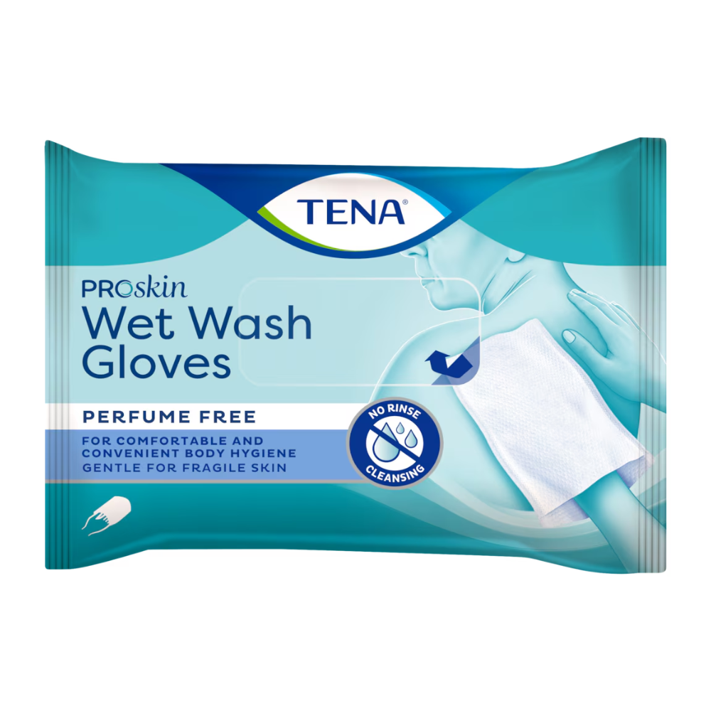 The packaging of TENA ProSkin Wet Wash Gloves, fragrance-free wash gloves | Pack (8 pieces) emphasizes their suitability for convenient body hygiene. The gloves are gentle on sensitive skin and do not need to be rinsed. An illustration for application demonstration can be found on the back of the blue packaging.