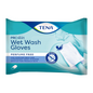 The packaging of TENA ProSkin Wet Wash Gloves, fragrance-free wash gloves | Pack (8 pieces) emphasizes their suitability for convenient body hygiene. The gloves are gentle on sensitive skin and do not need to be rinsed. An illustration for application demonstration can be found on the back of the blue packaging.