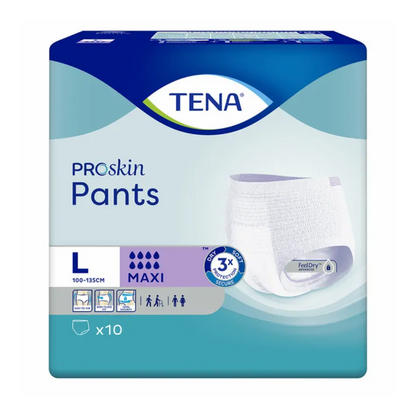 The packaging of the TENA Proskin Pants Maxi incontinence pants, manufactured by TENA - Essity Germany GmbH, is available in size L (100-135 cm) and includes 10 pieces per pack. It features the FeelDry technology and symbols indicating suitability for adults with bladder weakness.