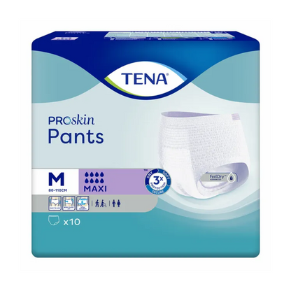 A pack of TENA Proskin Pants Maxi incontinence pants, manufactured by TENA - Essity Germany GmbH, is ideal for treating bladder weakness. Available in size M, the blue packaging shows the product image and highlights 'FeelDry', 'ProSkin', and 'MAXI' absorbency. Each pack contains 10 incontinence pants designed for hip sizes from 80-110 cm.