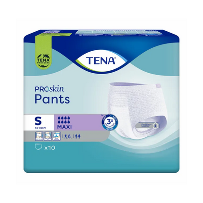 A pack of TENA Proskin Pants Maxi incontinence pants from TENA - Essity Germany GmbH in size Small. The blue-green packaging shows a product image and indicates that it contains 10 pieces, ideal for discreet treatment of bladder weakness with 'Maxi' absorbency.