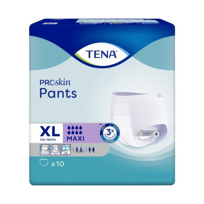 The TENA Proskin Pants Maxi incontinence pants from Essity Germany GmbH come in blue packaging with a product image. It shows important details like size XL (120-160 cm), Maxi absorbency, and FeelDry Advanced technology, with a total of 10 pants included. Symbols on the packaging highlight features that help those affected manage bladder weakness effectively.