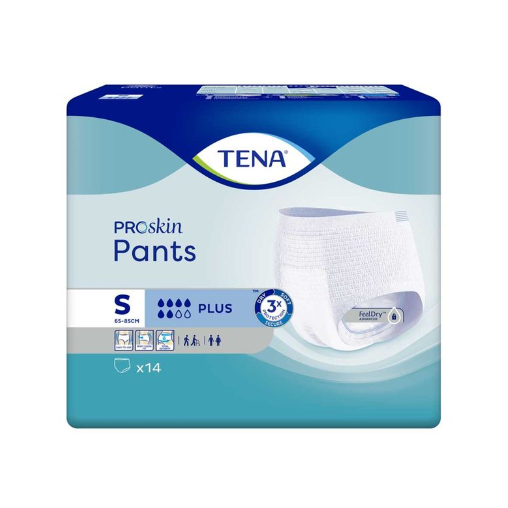 The TENA Proskin Pants Plus incontinence pants, designed for waist sizes from 65-85 cm, come in packaging that showcases moisture-reducing technology. It emphasizes leak protection, comfort, and odor control. The predominantly blue packaging with white details from TENA – Essity Germany GmbH contains 14 pieces.