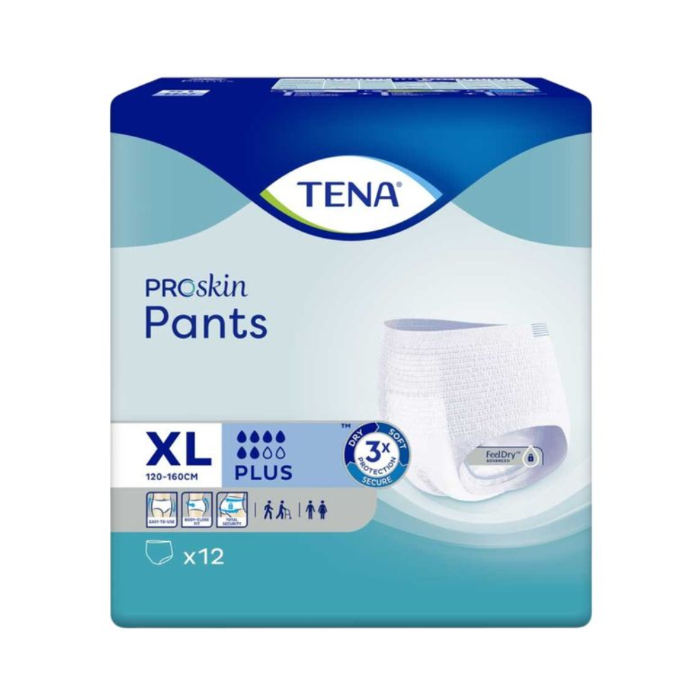 The TENA Proskin Pants Plus incontinence pants in size XL (120-160 cm) feature triple absorbency, making them perfect for people with oversized needs. This pack of 12 includes moisture-reducing technology with a FeelDry layer, ensuring these incontinence pants offer exceptional comfort and dryness.