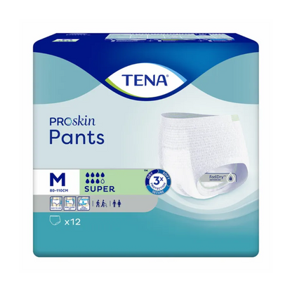 Packaging of the TENA ProSkin Pants Super incontinence pants from TENA - Essity Germany GmbH, suitable for people with bladder weakness, size M (80-110 cm). It shows an image of an incontinence pant and symbols indicating absorbency and gender suitability. The package contains 12 pants.