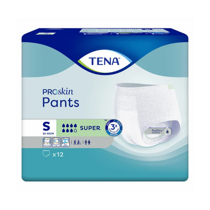 Packaging for TENA - Essity Germany GmbH TENA ProSkin Pants Super incontinence pants, size S, suitable for waist circumference 65-85 cm. The packaging was developed for the treatment of bladder weakness and shows a picture of the incontinence pants marked with the absorbency "Super" and contains "x12" pieces. The background shows a gradient of blue and white.
