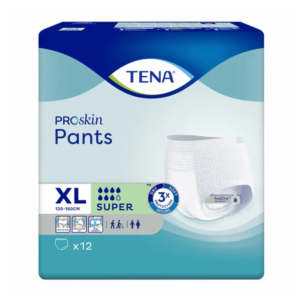 A pack of TENA Proskin Pants Super incontinence pants from TENA – Essity Germany GmbH, available in size XL (120-160 cm), is tailored for people with bladder weakness. The packaging emphasizes the absorbency "Super" and shows illustrations demonstrating a secure fit and easy handling. Each pack contains 12 incontinence pants.