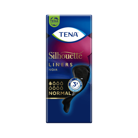 The packaging for TENA Silhouette Noir Normal panty liners, black, features an elegant design and consists of a dark blue box with pink accents. It displays the TENA logo and an image of the panty liner, highlighting the “Normal” absorbency level and the triple protection for 3x Fresh Odor Control.