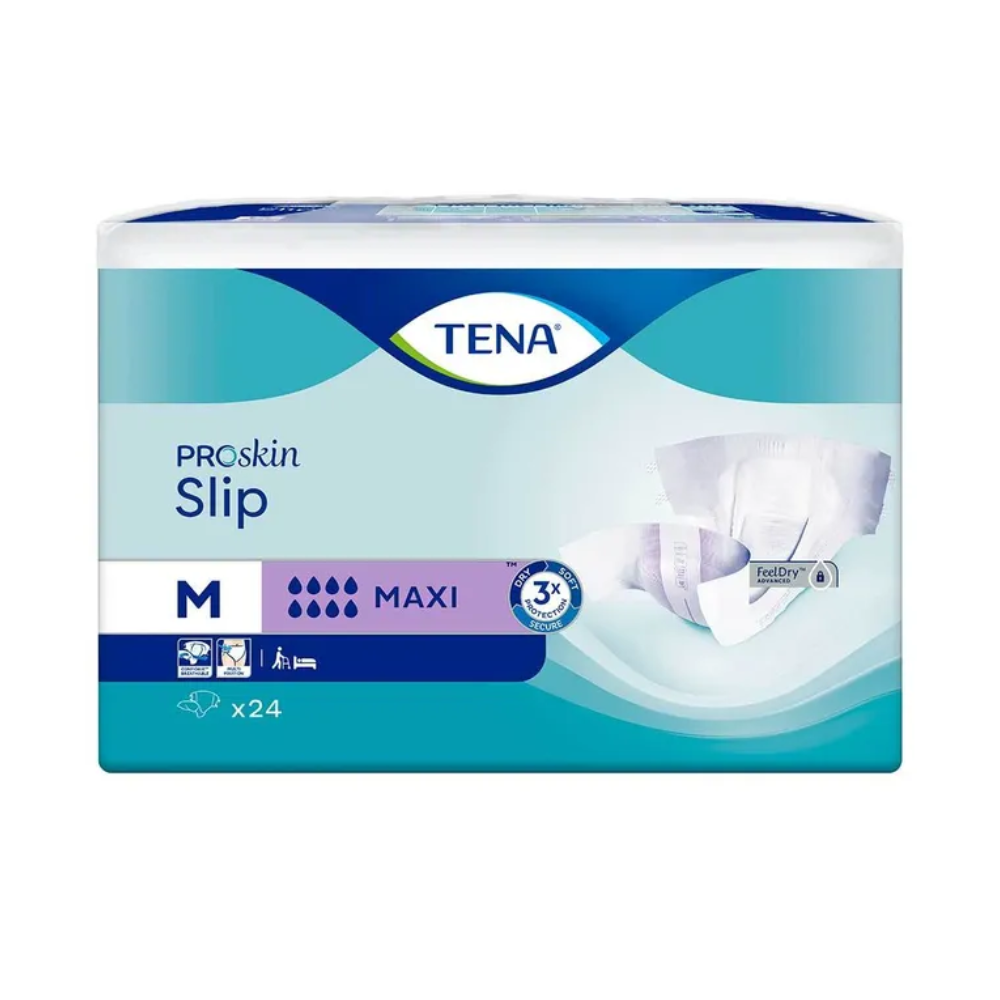 The packaging of the TENA Slip Maxi incontinence pad with waistband from TENA – Essity Germany GmbH prominently features a blue design with white accents and an image of the adult incontinence slip. The medium size is marked with an 'M' and includes a pack of 24 slips that provide reliable leak protection for all-day confidence.
