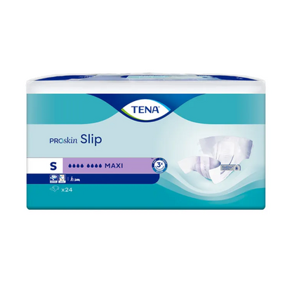 Pictured is the packaging for TENA Slip Maxi incontinence pad with waistband from TENA – Essity Germany GmbH. The label indicates the size Small (S) and maximum absorbency and shows an image of the product with leak protection. It contains 24 pieces and is predominantly blue and white in design.