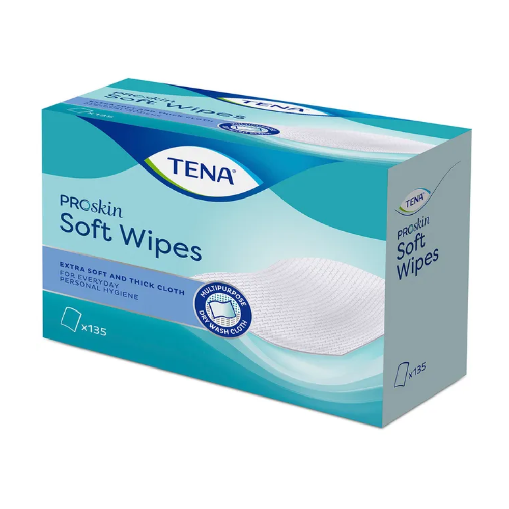 A box of TENA Soft Wipes wash gloves, ideal for body cleansing, is displayed. The blue and white packaging emphasizes the extraordinary softness and thickness of the wipes for body and personal hygiene. The box, produced by TENA – Essity Germany GmbH, contains 135 wipes and is therefore an essential incontinence product.