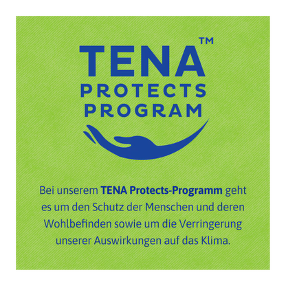 Ein quadratisches Bild mit grünem Hintergrund zeigt "TENA Protects Program" in Blau über einer geschwungenen Linie. Der deutsche Text erklärt, wie TENA Bed Plus von TENA - Essity Germany GmbH das Wohlbefinden unterstützt und zur Reduzierung der Klimaauswirkungen beiträgt.