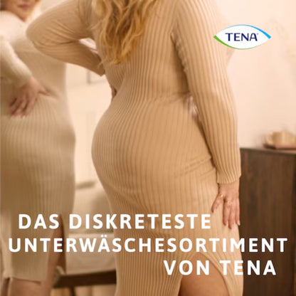 A person in a fitted beige dress stands with their back to the camera. The TENA logo appears at the top right. The German text below reads: "TENA Silhouette Plus Creme incontinence briefs - TENA's most discreet range - Essity Germany GmbH.