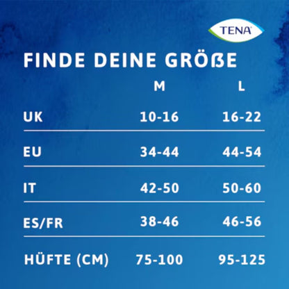 The size chart for TENA Silhouette Plus Creme incontinence briefs (TENA - Essity Germany GmbH) shows M: 75-100 cm, L: 95-125 cm hip circumference, clothing range UK/EU/IT/ES/FR; blue background and white text.