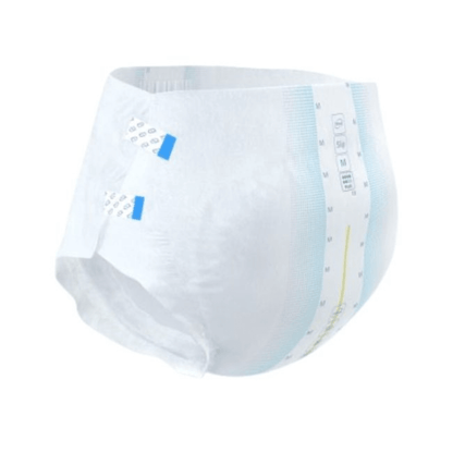 TENA Slip Active Fit Plus from TENA - Essity Germany GmbH is a disposable incontinence diaper for adults with adhesive tabs, elastic waistband, blue lines, wetness indicator, and white color with light blue/yellow markings. Ideal for incontinence care.
