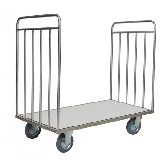A Novocal Transportwagen ohne Rückwand aus Edelstahl mit flachem Plattform, vier Rollen und stabilen Vertikalstreben an beiden Enden zum sicheren Transport von Gegenständen.