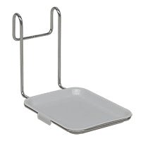 The Novocal drip tray | 1 piece is a metal soap dish holder with a rectangular white dish and two upright metal hooks, depicted on a plain white background.