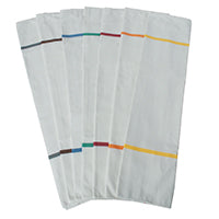 Six white napkins, each with a colored stripe in brown, blue, green, red, yellow, or orange, are perfect for sorting and storing laundry in your Novocal textile laundry bag self-opening 100% polyester (6 kg capacity).