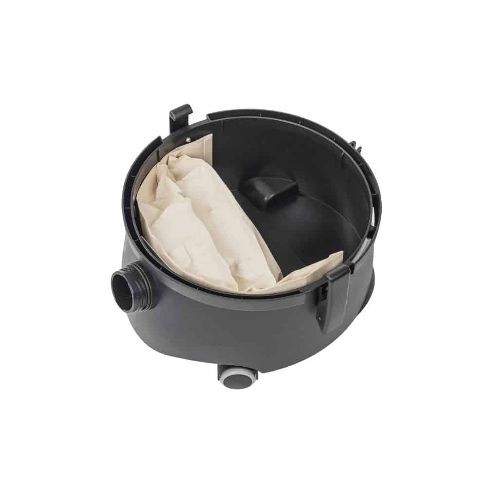 In a black plastic container with two protruding nozzles and an open top is a folded beige fabric bag, reminiscent of the efficient TASKI go system from Diversey Deutschland GmbH & Co. OHG. This appears to be part of a powerful yet cost-effective filtering or collecting solution, emphasizing its straightforward and functional design with components like a suction hose, suction nozzle, and dust nozzle included in the package.