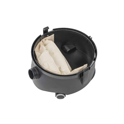 In a black plastic container with two protruding nozzles and an open top is a folded beige fabric bag, reminiscent of the efficient TASKI go system from Diversey Deutschland GmbH & Co. OHG. This appears to be part of a powerful yet cost-effective filtering or collecting solution, emphasizing its straightforward and functional design with components like a suction hose, suction nozzle, and dust nozzle included in the package.