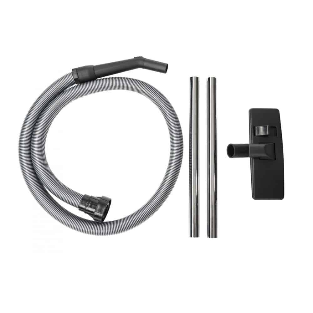 On the white background, the selection of parts for the ASKIGO from Diversey Deutschland GmbH & Co. KG and their operators are displayed. The vacuum cleaner features a functional design with essential components such as the included spiral suction hose, metal extension tubes, and black dust nozzle attachments, ensuring optimal operation and quiet cleaning solutions.