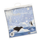 A winter-themed shower curtain by Starpak, "Frosty Times", features penguins on icebergs and falling snowflakes. The barcode is located at the bottom left of the packaging.