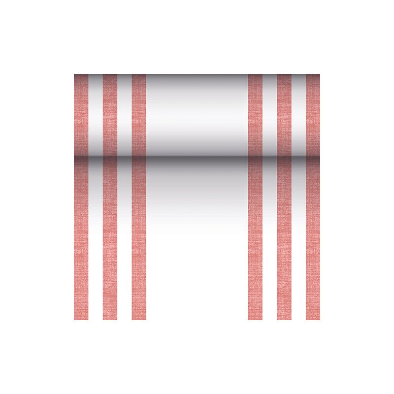 Der Tischläufer stoffähnlich PV-Tissue Mix „ROYAL Collection“ der PAPSTAR GmbH in den Maßen 24 m x 40 cm besticht durch ein markantes Design aus sechs vertikalen roten Linien, ergänzt durch einen zentralen horizontalen Farbverlauf von Schwarz nach Weiß auf einem makellos weißen Hintergrund.