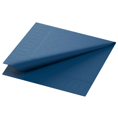 On a white background, a 24 x 24 cm blue tissue napkin from Duni GmbH is depicted with a subtle embossed pattern on the edges. This 3-ply paper napkin is square and folded.